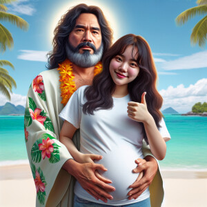 Realistic couple. Jesus Christ in clothes with tropical flowers....