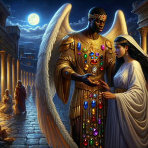 Create an oil painting image featuring a male angel and a grievi...