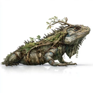 Create an image of massive forest lizards, each the size of a sm...