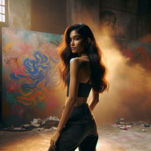 Athletic Thin skinny Attractive, Asian teenage girl, long brown hair and bangs, wearing tight skinny jeans and a halter top paint marks on her clothing, heroic pose Asian graffiti background, backside view