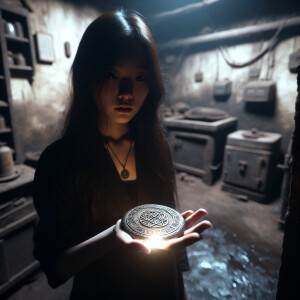 The girl stands in a dark gloomy old basement and holds a medall...