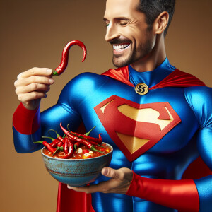 Superman eating chili peppers