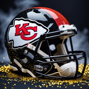 pretty glitter filled black outlined vividly  colored helmet with the Kansas City chiefs  football team logo and colors placed centrally with the team name written in bold graphic font Kansas City chiefs  the back  ground is smokey and gold