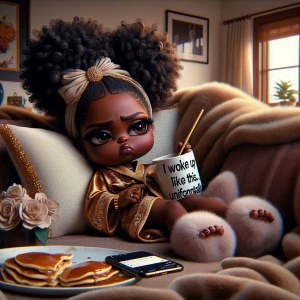 An ultra-realistic chibi-style African American girl with a sarcastic attitude, lounging on a couch on a lazy Saturday morning. She has messy curls in a high bun, a luxurious silk robe with gold accents, and fluffy slippers. She’s holding an oversized coffee mug that says, ‘I Woke Up Like This… Unfortunately,’ with an annoyed, sassy expression. Surround her with cozy Saturday morning vibes—plush blankets, a plate of half-eaten pancakes, and a phone with unread notifications. The background features soft, warm morning light and a clock showing it’s late in the day.