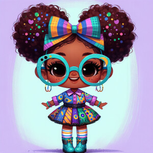 A chibi-style image of an African American 3-year-old girl, stan...