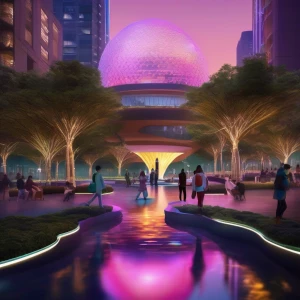 A futuristic urban park featuring large, dome-shaped buildings in the background. People dressed in sleek, light-reflective clothing stroll along illuminated pathways, while a holographic fountain at the center projects animated, glowing fish.