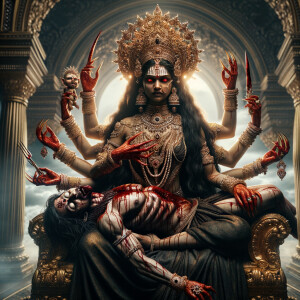portrait of intense looking, four-armed indian goddess sitting...