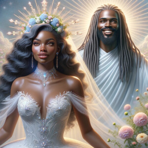 Create a 3-D realistic oil, painting of a beautiful African-American bride. She has long flooring, wavy hair and her gown has beautiful jewels around the neckline. in the background there is a beautiful African-American Jesus Christ with long dreadlocks, and he is smiling. He is very handsome pastel flowers throughout the image.