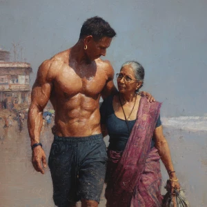 hyperrealism photo painting.a muscular sweaty villain man, walki...