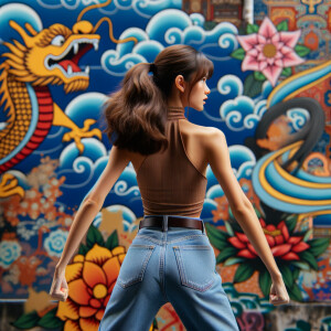 Attractive, Asian teenage girl, long brown hair and bangs, wearing tight skinny jeans and a halter top paint marks on her clothing, backside view heroic pose Asian graffiti