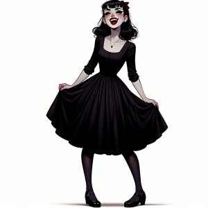 Laughing gothic woman, wearing red lipstick, wearing a black dress, wearing black tights, and wearing black Mary Jane shoes