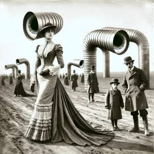 Create a monochromatic, early 20th-century science fiction scene...