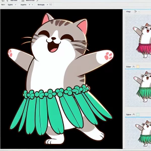 A cartoon ilustration style cat with a fun expression and expressive eyes, with a houla skirt, dancing with arms horizontally positioned. isolatd on a White background