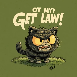 A grumpy cartoon-style cat standing on a lawn, fur fluffed up, o...