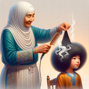 Create a realistic 3-D image of a grandmother in the kitchen with her granddaughter. The grandmother has a hot comb in her hair and she is straightening her granddaughters hair. One side of her granddaughters hair is in an Afro the other is bone straight 
There is smoke coming from the hot comb