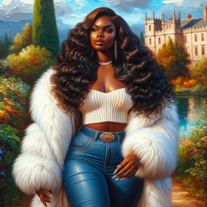 Craft a 4K glossy oil painting portraying a regal, plus-size Afr...