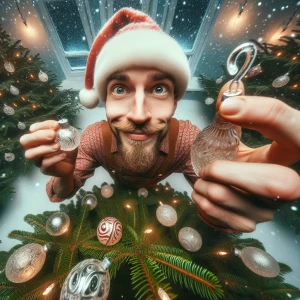 Create a whimsical wide-angle image of a Caucasian man with a bu...