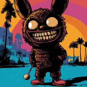 Stylized character portrait of a mischievous designer toy creat...