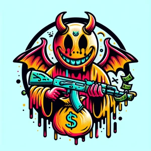 Design a cartoon-style circular logo featuring a cheeky demon we...