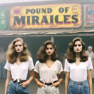 Create a color film photograph from 1973 of three beautiful 19-y...