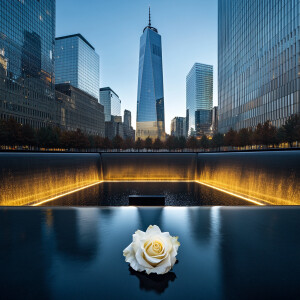 A solemn image shows the reflective twin pools of the 9/11 Memor...