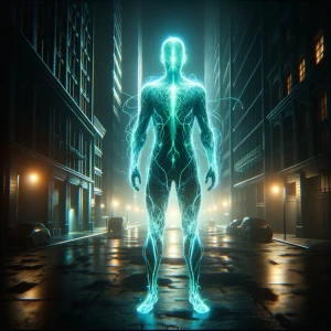 A sharply defined silhouette of a bioluminescent digital avatar...