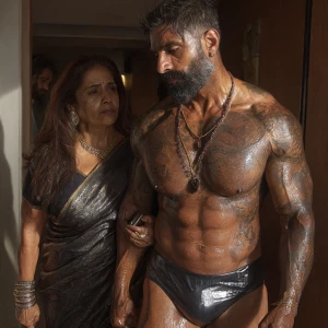 Realism,digital painting.a muscular, tattooed Indian man with a...