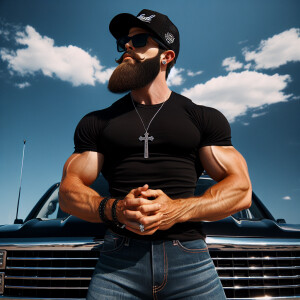 Generate an 8K ultra-HD, HDR image of a 300-pound , well-built C...