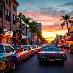 imagine prompt: A vibrant Houston street scene featuring a line...