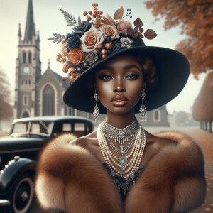 Create an image of a sophisticated woman with dark skin, wearing...