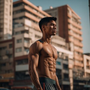 A tall, muscular boy standing confidently at 7 feet. His muscles...