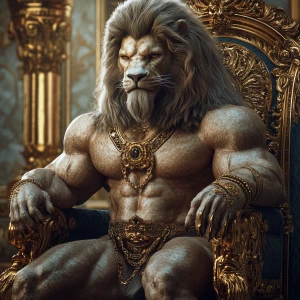 Create a photorealistic 3D image of a majestic man-lion hybrid, featuring an expansive mane and exceptionally well-defined, oversized muscles. Adorn this regal creature with intricate jewelry and gold embellishments, and depict it seated on a throne. Aim for 8K UHD resolution, extreme professional detail, and a composition that is both visually stunning and captivating.