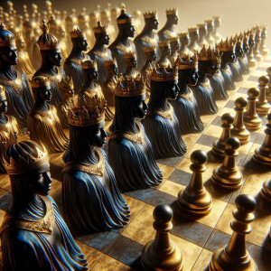 3-D realistic oil, painting,of a gold and black human chessboard...