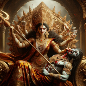 portrait of angry looking goddess durga, sitting on a gold crown and carrying a weak mahishasur on her lap and stabbing him with her amazingly designed trident. She is wearing gold armor, a huge gold crown, red saree, abundant gold jewelry, covered in blood. The scene is set in ancient India. The image is 8K resolution, cinematic, ultra detailed face and epic.