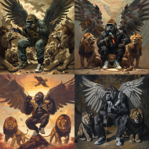 Gorilla with wings wearing sneakers holding a microphone with li...