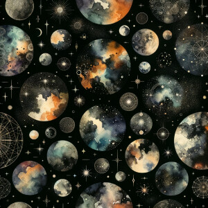 A black background with watercolor designs scattered around, sca...