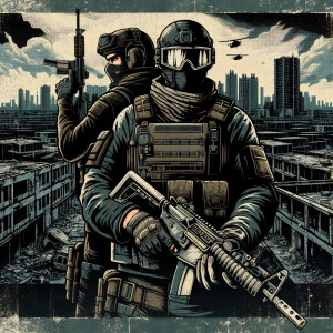 Создай изображение в стиле комиксов с двумя вооруженными солдата...