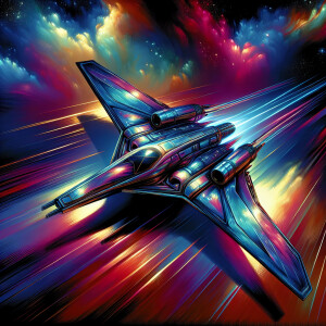 A shimmering starfighter, its sleek, metallic hull reflecting th...