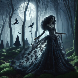 Refine a moonlit, mist-enshrouded forest scene: A lone figure, a...