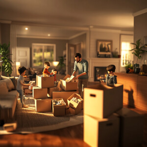 Create a realistic 4d image of a family unpacking from moving in...