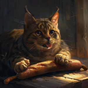 A cat is eating a sausage