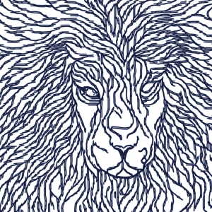 Create a coloring page design with thick lines, featuring a lion...