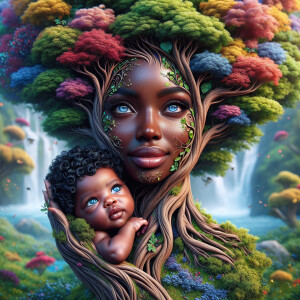 Create a close-up, hyper-realistic 3-D oil painting of a tree wi...