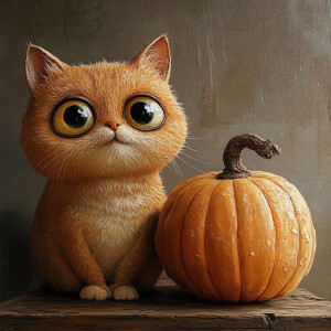 Cartoonish nebulung cat with big eyes, sitting next to a very la...