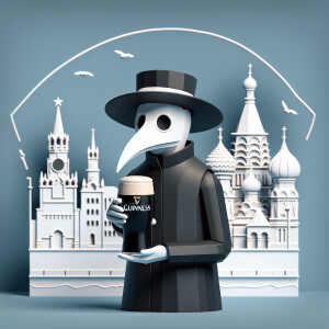 Plague doctor with a pint of Guinness, in Moscow