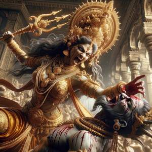portrait of angry looking, indian goddess lunging at a weak mahi...