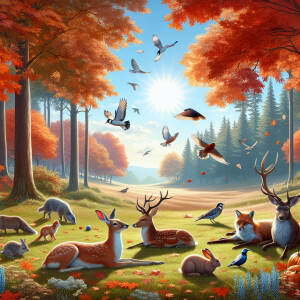 "Depict an autumnal forest scene with various forest animals pea...