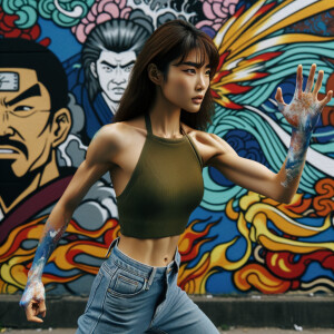 Very thin Athletic Thin skinny Attractive, Asian teenage girl, long brown hair and bangs, wearing tight skinny jeans and a halter top paint marks on her clothing, sitting side view heroic pose Asian graffiti