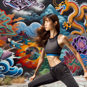 Very thin Athletic Thin skinny Attractive, Asian teenage girl, long brown hair and bangs, wearing tight skinny jeans and a halter top paint marks on her clothing, sitting side view heroic pose Asian graffiti