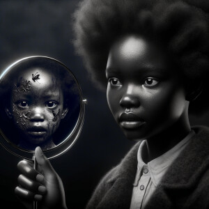 Create a 3-D realistic beautiful African-American  women with thick curly black hair
Looking at herself in the mirror, but the reflection she sees is a child, and she is no longer beautiful. She is ugly with scars. There is a fallen butterfly.